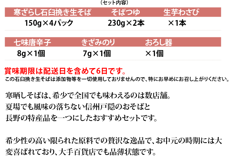 信州特産品寒ざらし石臼挽き生そばセットD [生芋わさび・七味唐辛子・きざみのりほか]