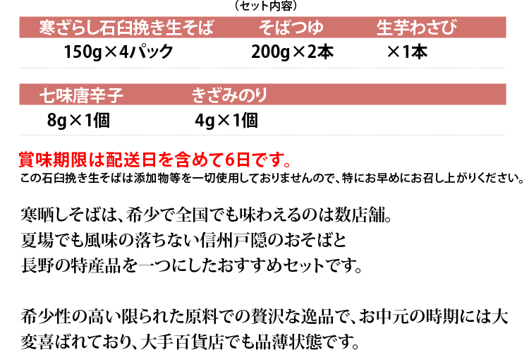 [セット内容]
■寒ざらし石臼挽き生そば150g×4パック
■そばつゆ200g×2本
■生芋わさび（国産）×1本
■七味唐辛子8g×1個
■きざみのり4g×1個
賞味期限は配送日を含めて6日です。
生ものですが、そば工場直送でお届けしますので安心してお召し上がりいただけます。
希少性の高い限られた原料での贅沢な逸品で、お中元の時期には大変喜ばれており、大手百貨店でも品薄状態です。 